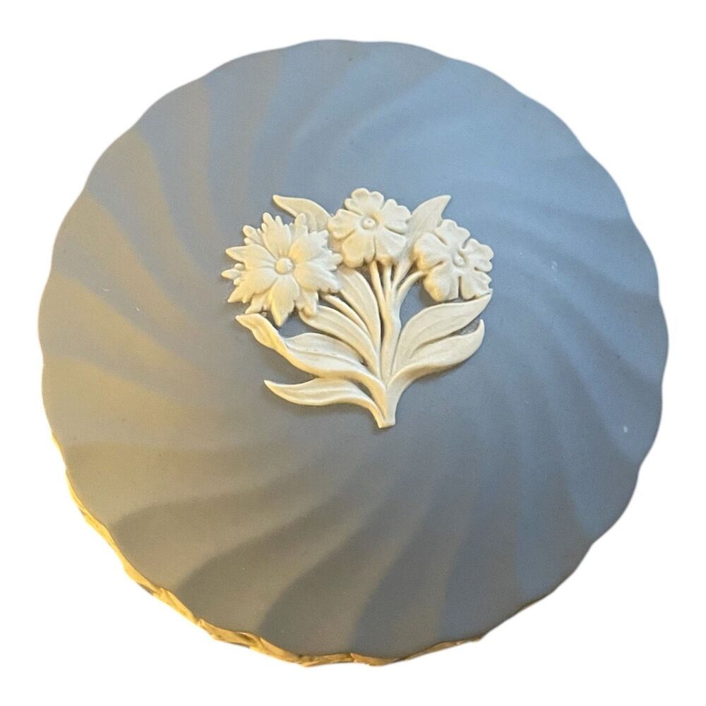 Vintage Light Blue 1980s Wedgwood Jasperware Fluted Floral Lidded Trinket Box